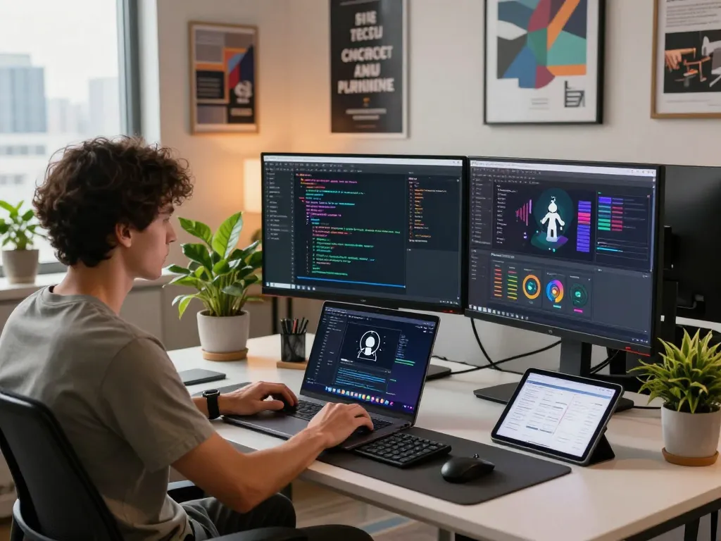 Developer using Clawdbot AI in a modern tech workspace with dual monitors and ambient lighting.