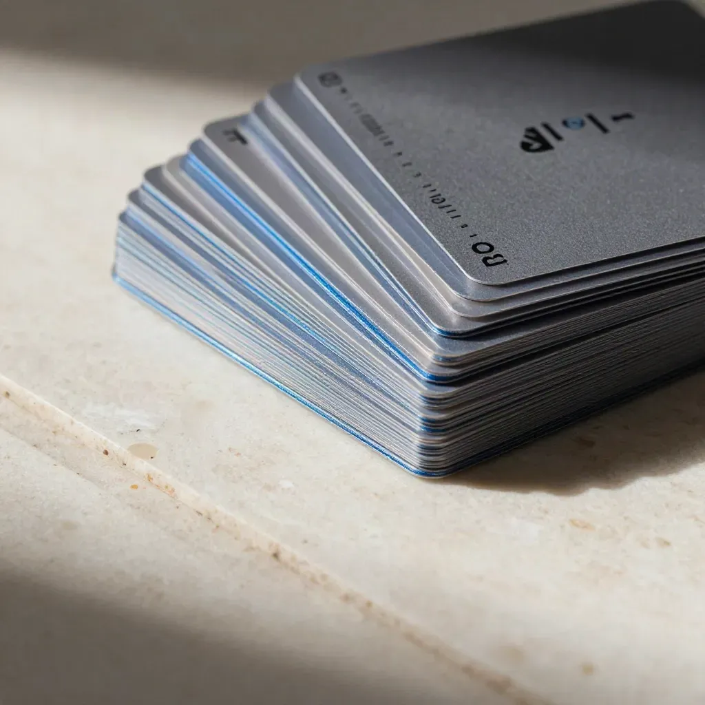 Pacchetto Reel Pro in card traslucide su lastra di travertino con riflessi blu