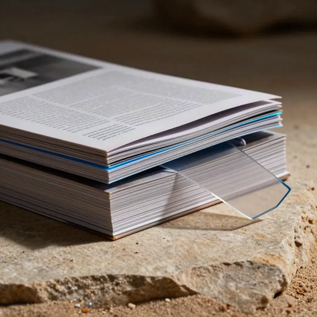 Zine compatta di Motion News su pietra sabbiosa, con inserti sottili e luce blu elettrica.