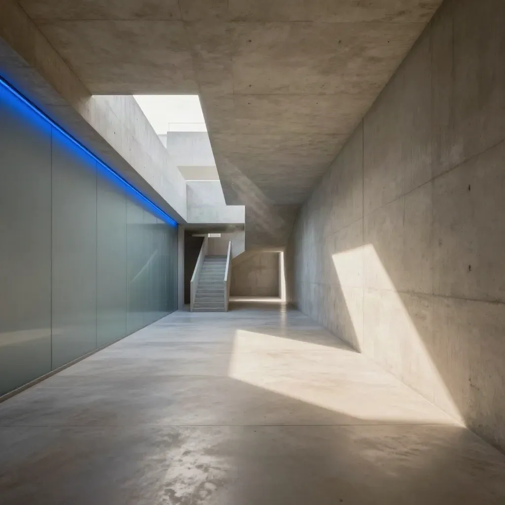 Corridoio architettonico in cemento chiaro con scala lontana e luce blu, pavimento vuoto.