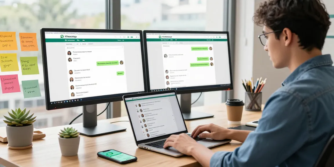 Using WhatsApp網頁版 for seamless communication at a modern workspace.