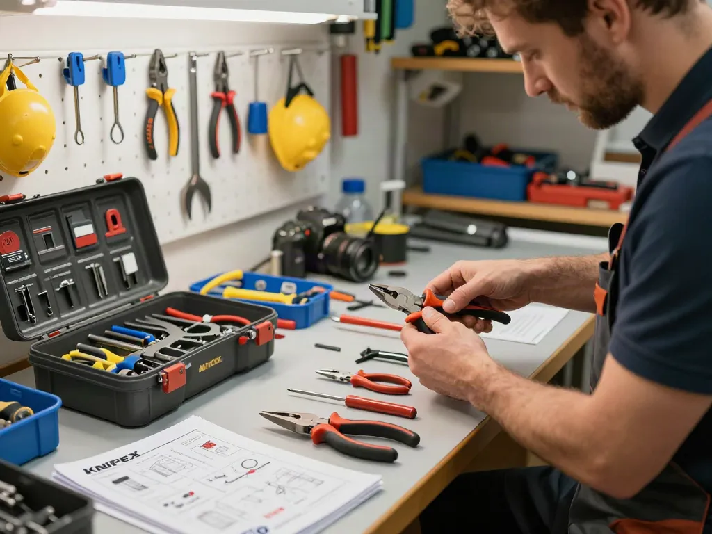 Un tecnico esperto utilizza strumenti KNIPEX in un laboratorio, focalizzandosi su pinze di alta qualità. knipex italia
