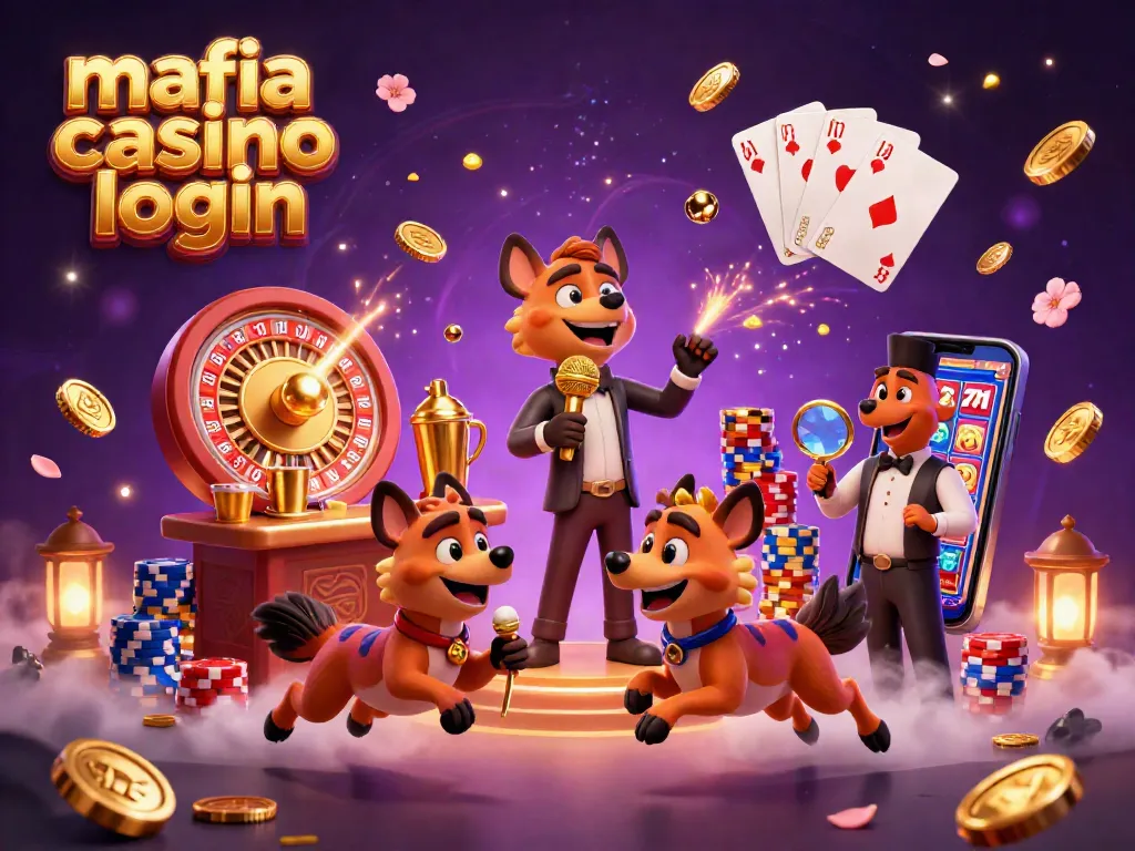 Mafia casino login illustration with hyenas enjoying casino fun, featuring a comedian, bartender, and bouncer.