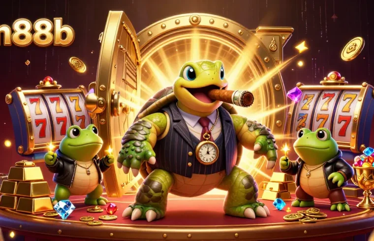 Experience the excitement of vin88b with a dynamic 3D casino scene featuring a mobster turtle and gem treasures.