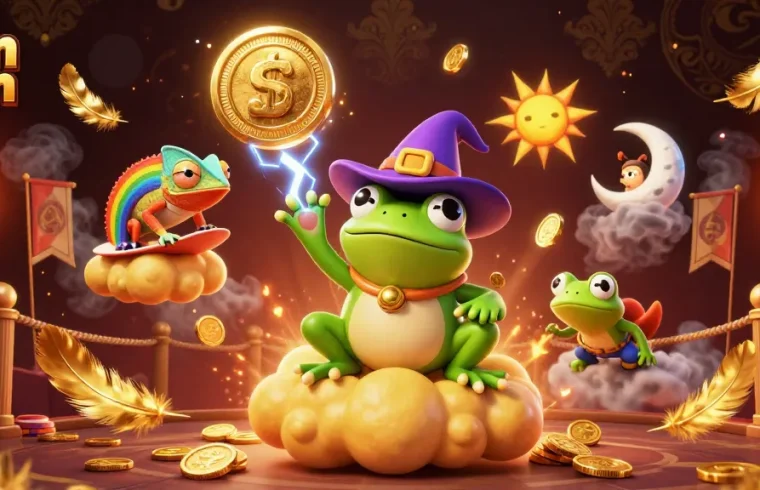 Win big at Sun win as a wizard frog creates a golden coin storm with magical elements.
