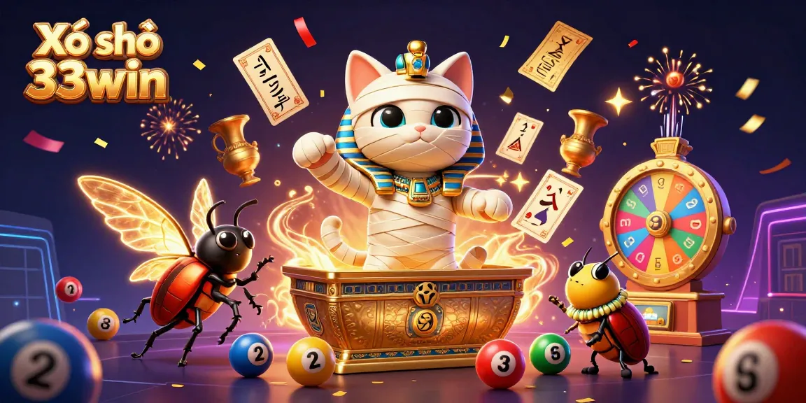 Experience Xổ số 33win with an Egyptian mummy cat bursting from a sarcophagus amidst dynamic lottery elements.