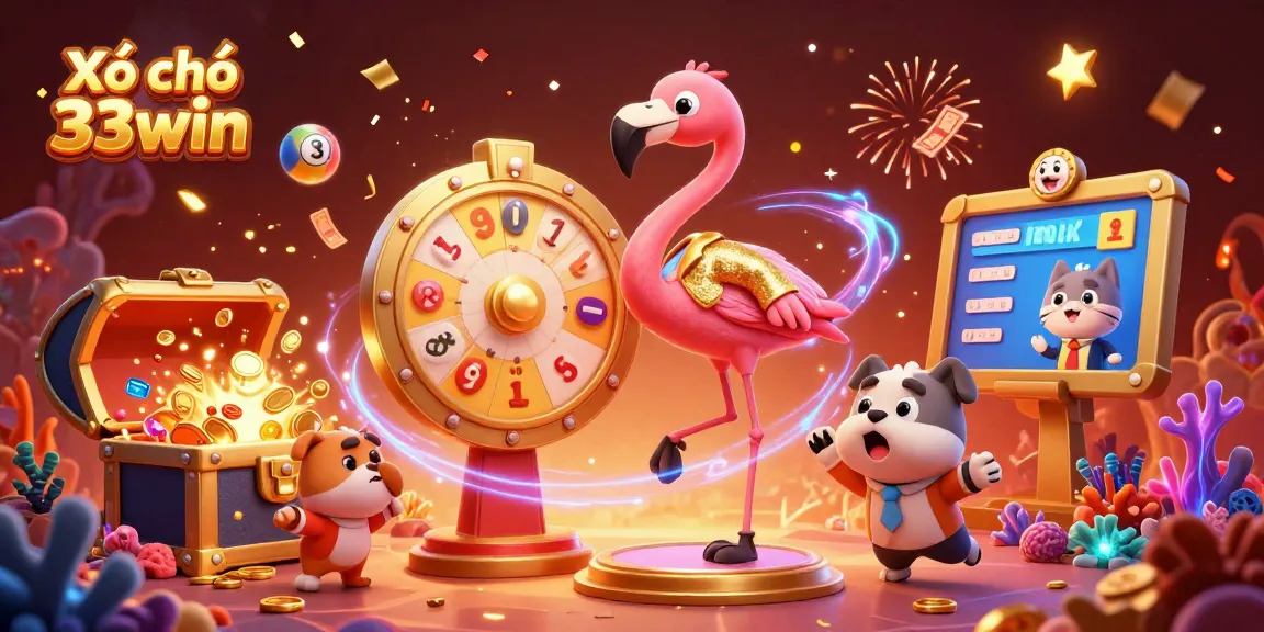 Xổ số 33win showcases an exciting lottery scene with a flamingo host, bulldog contestant, and vibrant prizes.