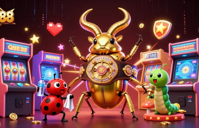 Engage in thrilling gameplay with QS88's vibrant casino-themed 3D illustration, showcasing dynamic characters.