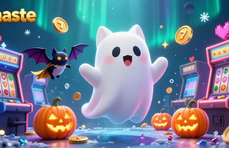 Engage in a thrilling gambling experience at ginaste with vibrant characters and dynamic gaming elements in a ghostly casino.