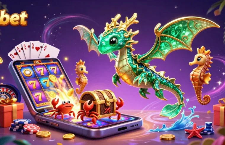 Engage in thrilling Phbet games featuring a majestic dragon, seahorses, and vibrant slot reels.